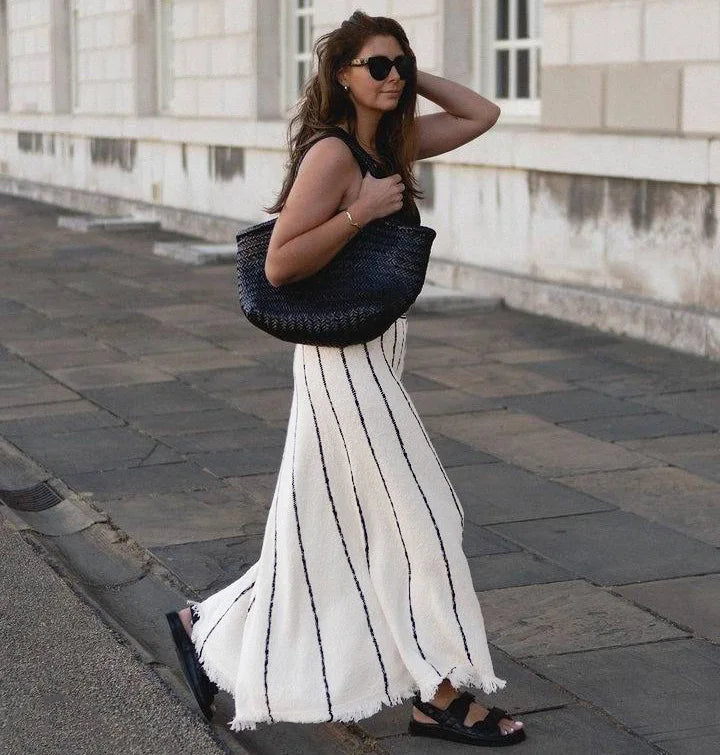 Elegant Striped Fringe Knitted Maxi Skirt