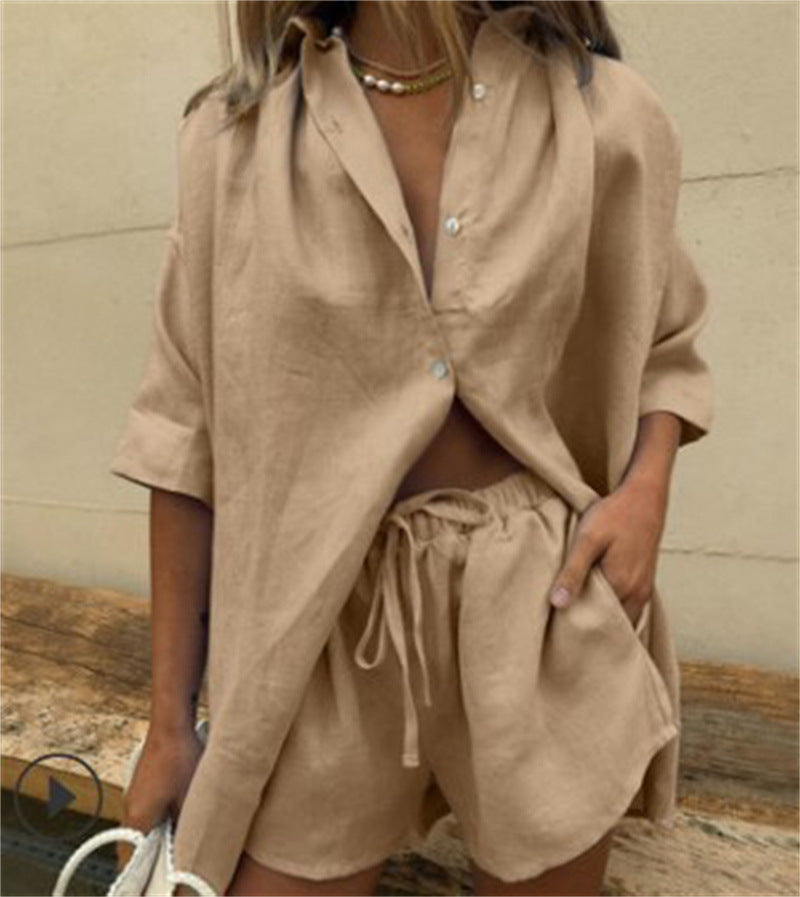 Short-Sleeve Shirt and Tie-Waist Shorts Two-Piece Set