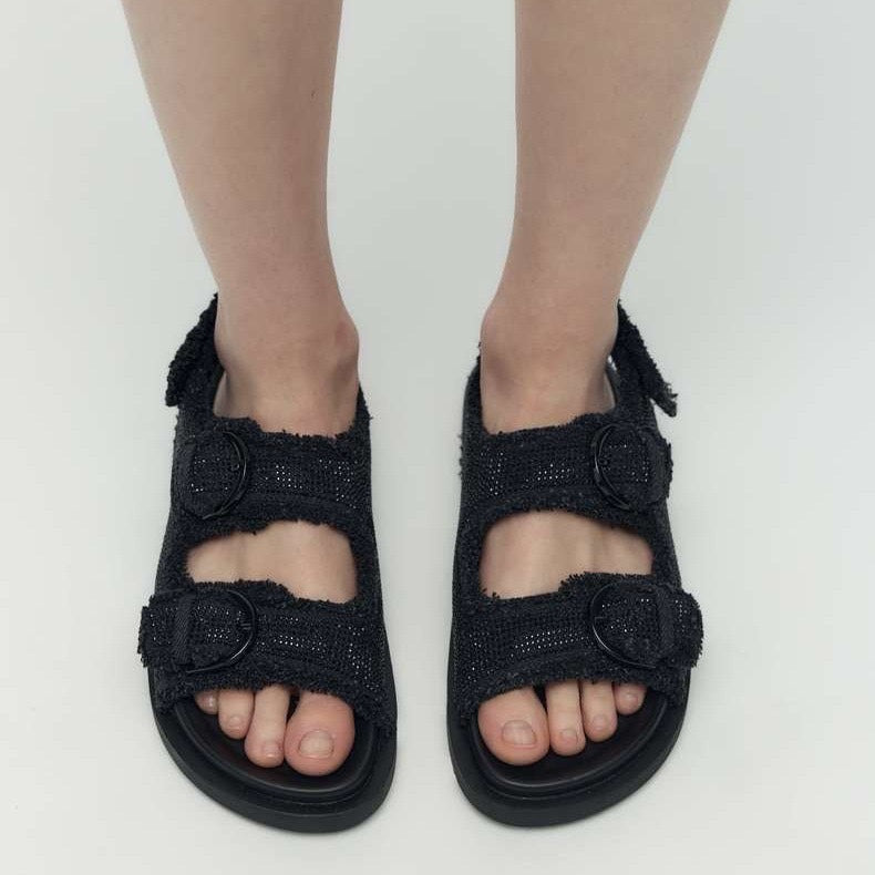 Black Rhinestone Embellished Thick Flat Sandals