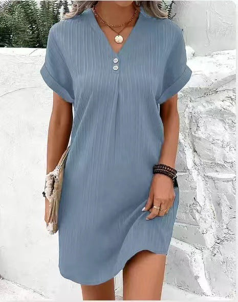 V-Neck Pullover Button-Up Dress