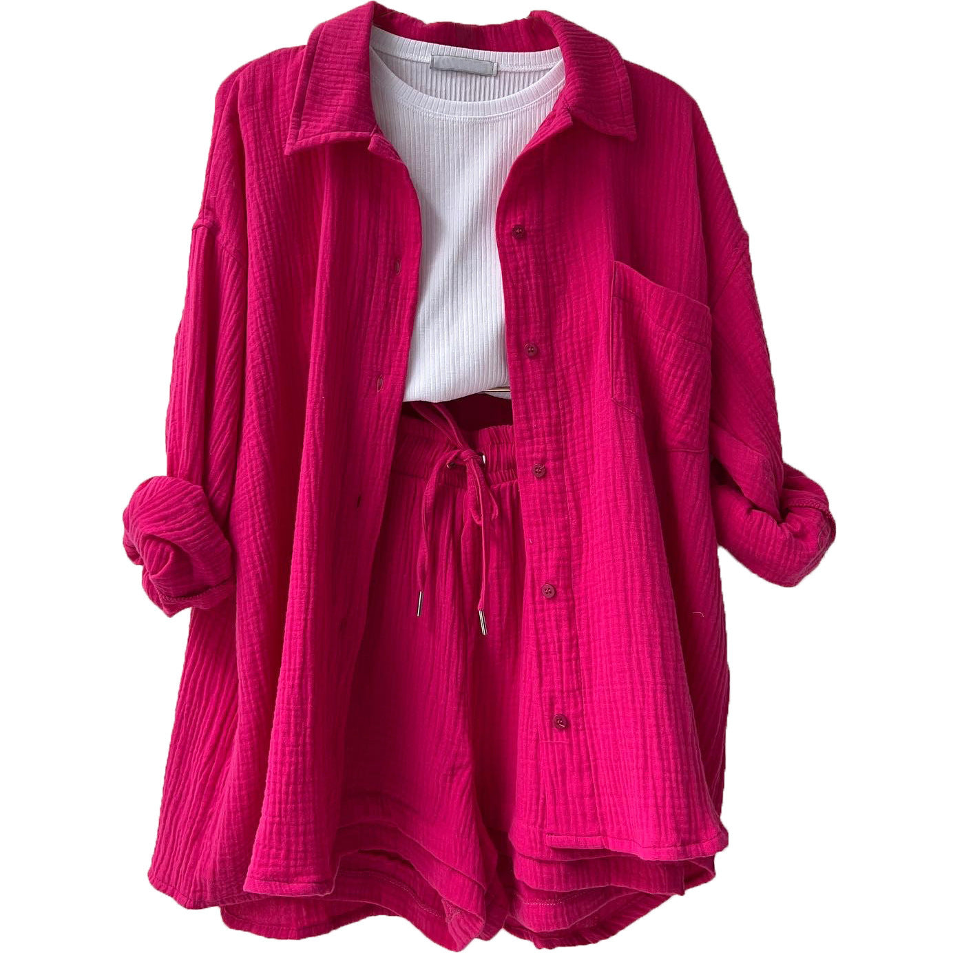 Crinkled Fabric Turn-Down Collar Shirt & High Waist Drawstring Shorts Set