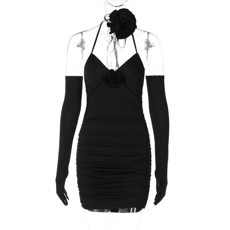 Elegant Black Rose Backless V-Neck Bodycon Mini Dress