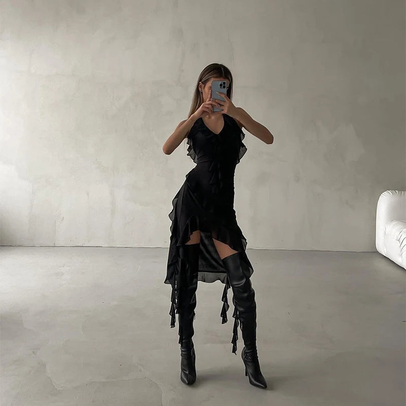 Ruffle Halter Backless Mini Dress