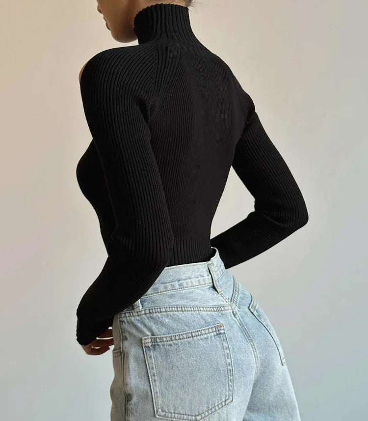 Ribbed Knit Cut-Out Turtleneck Top