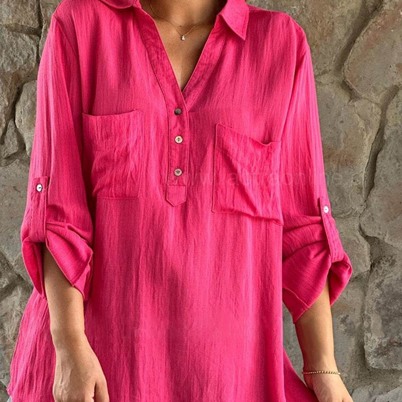 Color Cotton Linen Button Long Sleeve Shirt