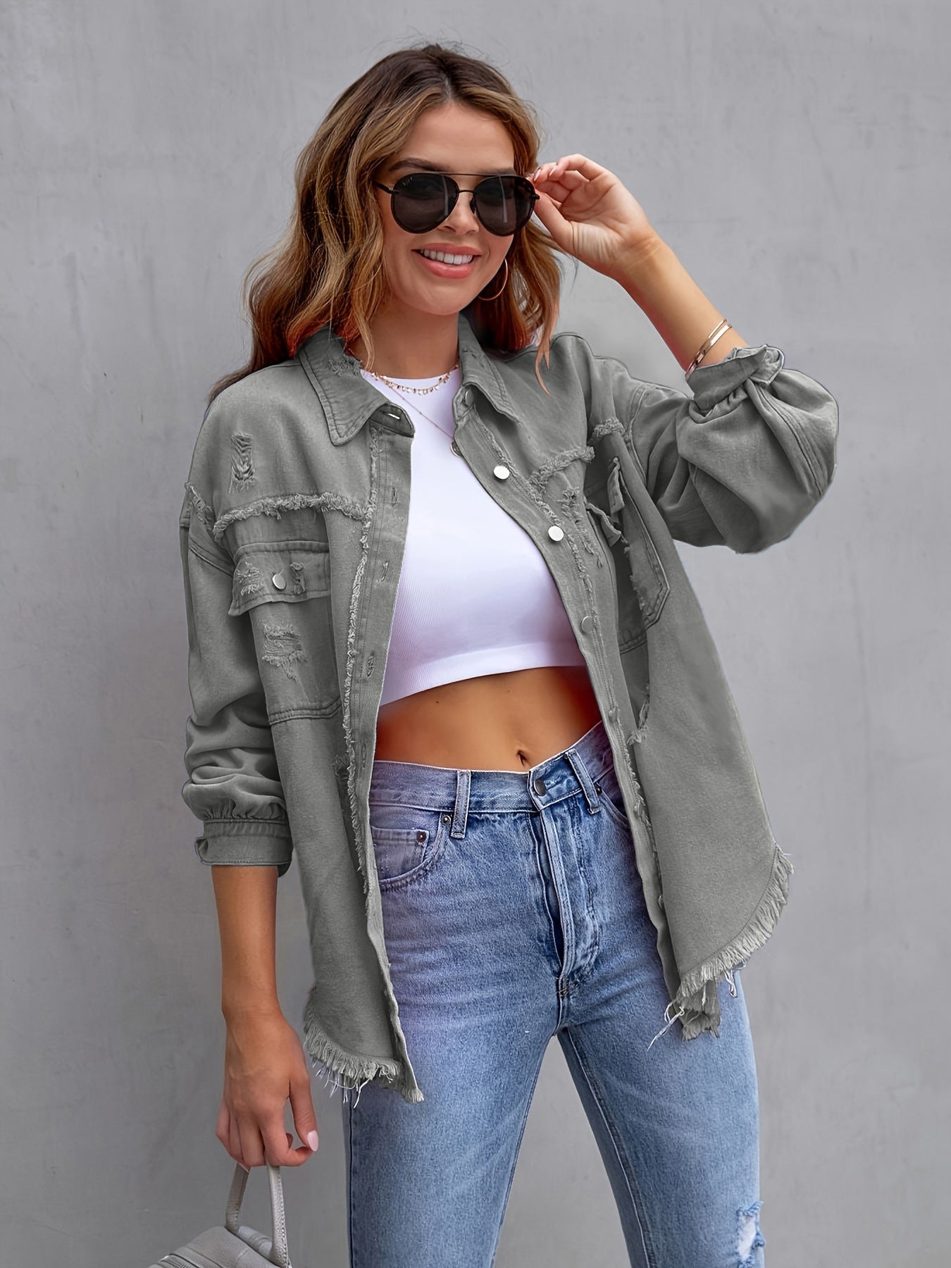 Distressed Mid-Length Denim Jacket