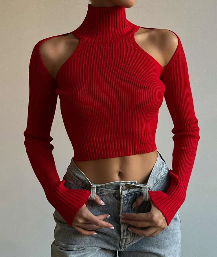 Ribbed Knit Cut-Out Turtleneck Top