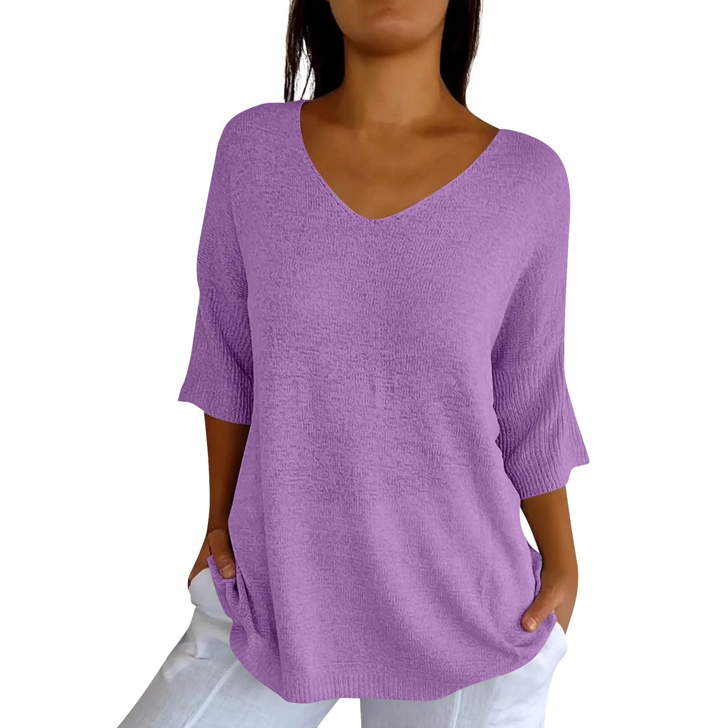 V-Neck Seven-Quarter Sleeve Knit Sweater