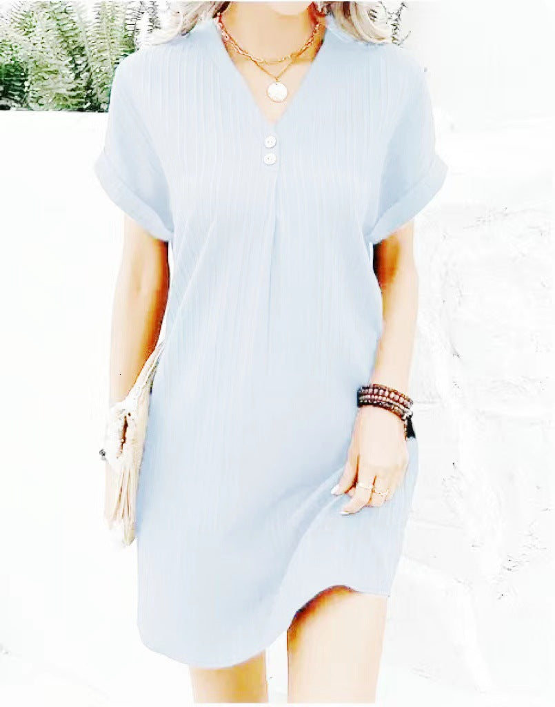 V-Neck Pullover Button-Up Dress