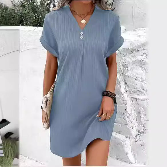 V-Neck Pullover Button-Up Dress