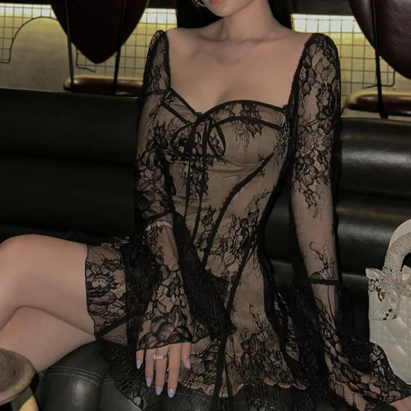 Square Neck Lace Corset Mini Dress