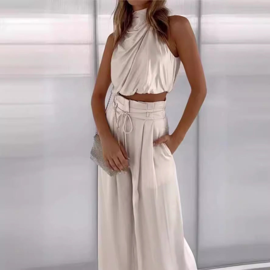 Sleeveless Crop Top with Stand Collar + Wide-Leg Two-Piece Set