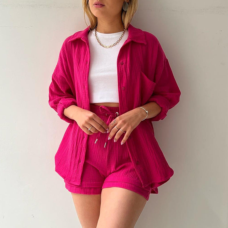 Crinkled Fabric Turn-Down Collar Shirt & High Waist Drawstring Shorts Set
