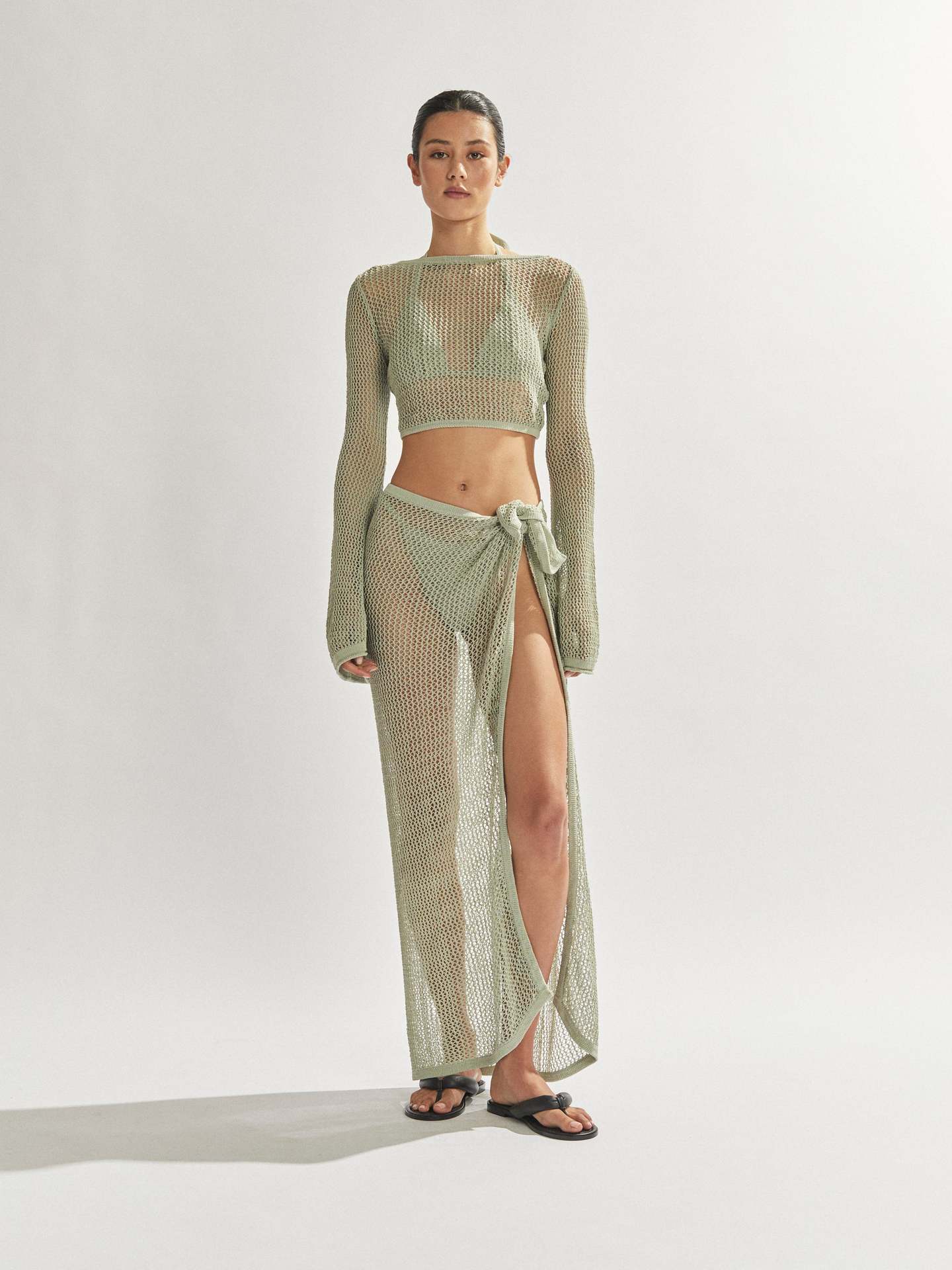 Sheer Backless Top & High-Slit Midi Skirt Set