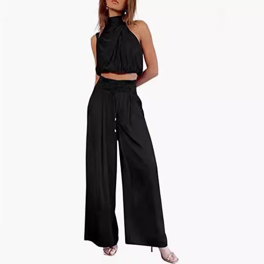 Sleeveless Crop Top with Stand Collar + Wide-Leg Two-Piece Set