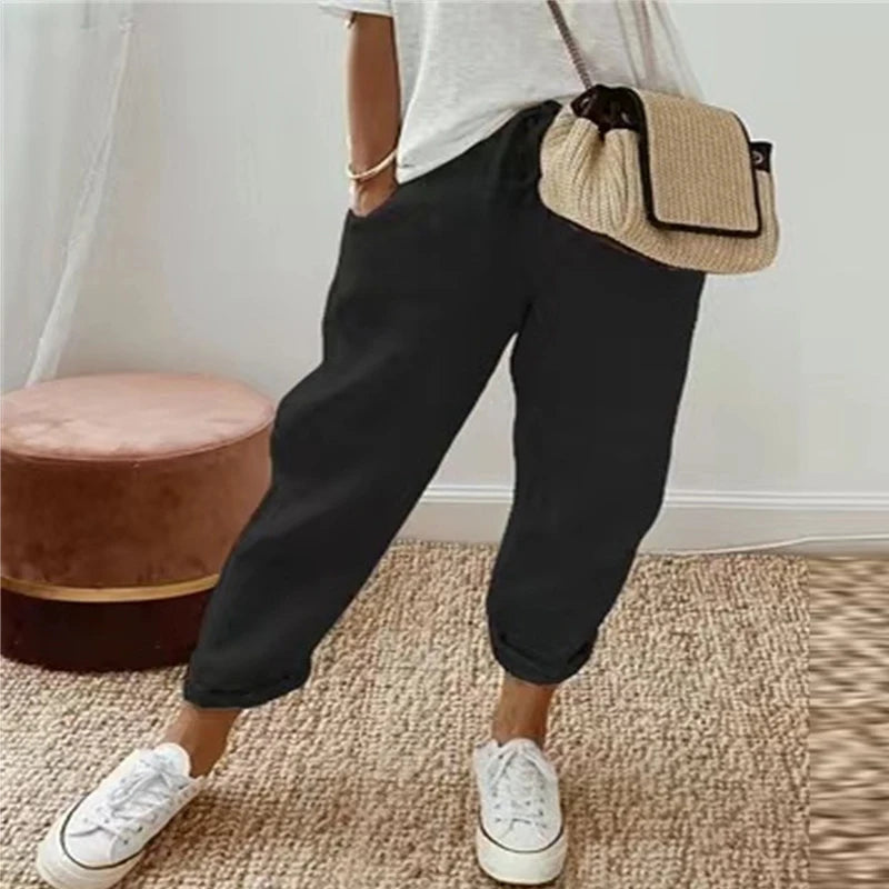 Cotton Linen Elastic Waist Casual Pants