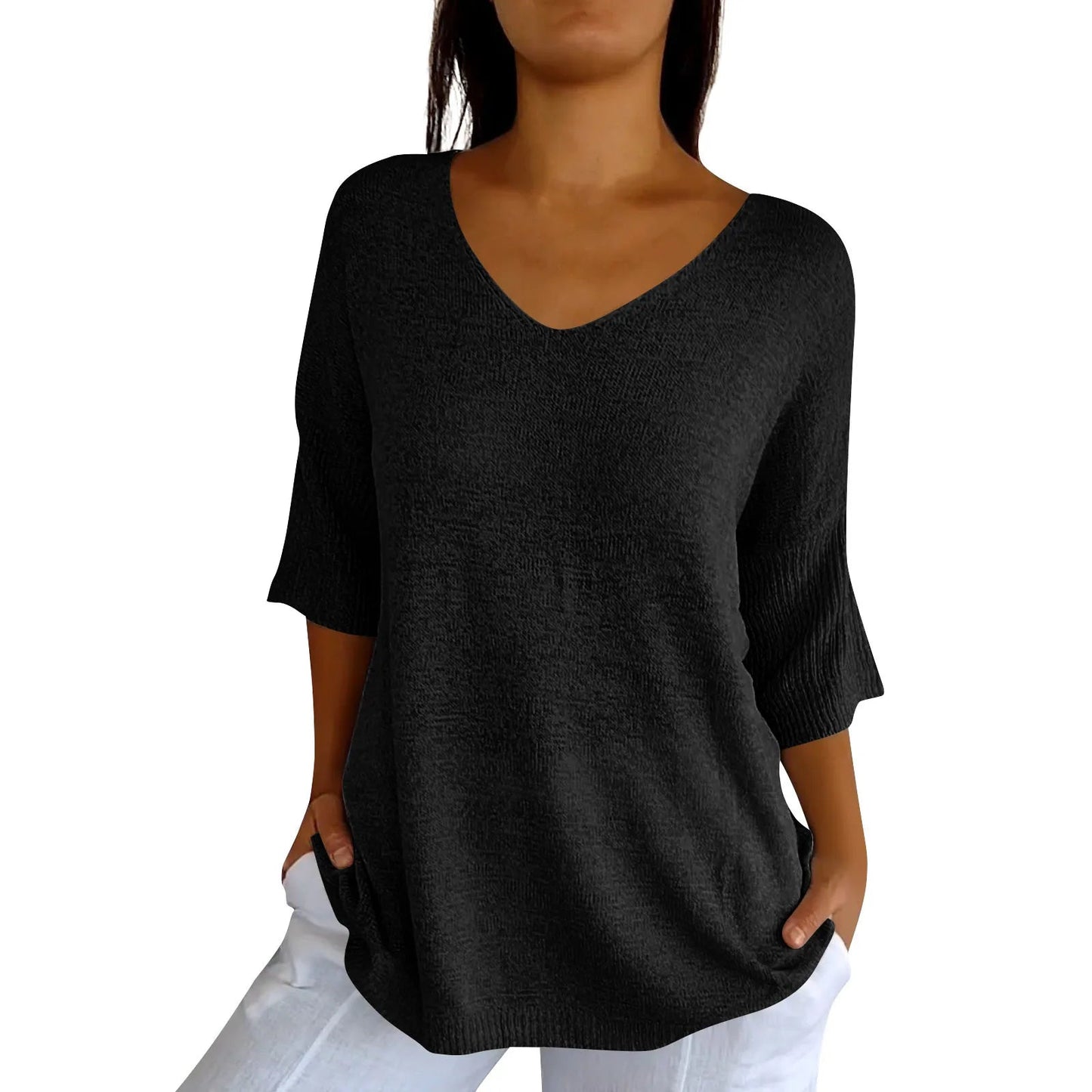 V-Neck Seven-Quarter Sleeve Knit Sweater