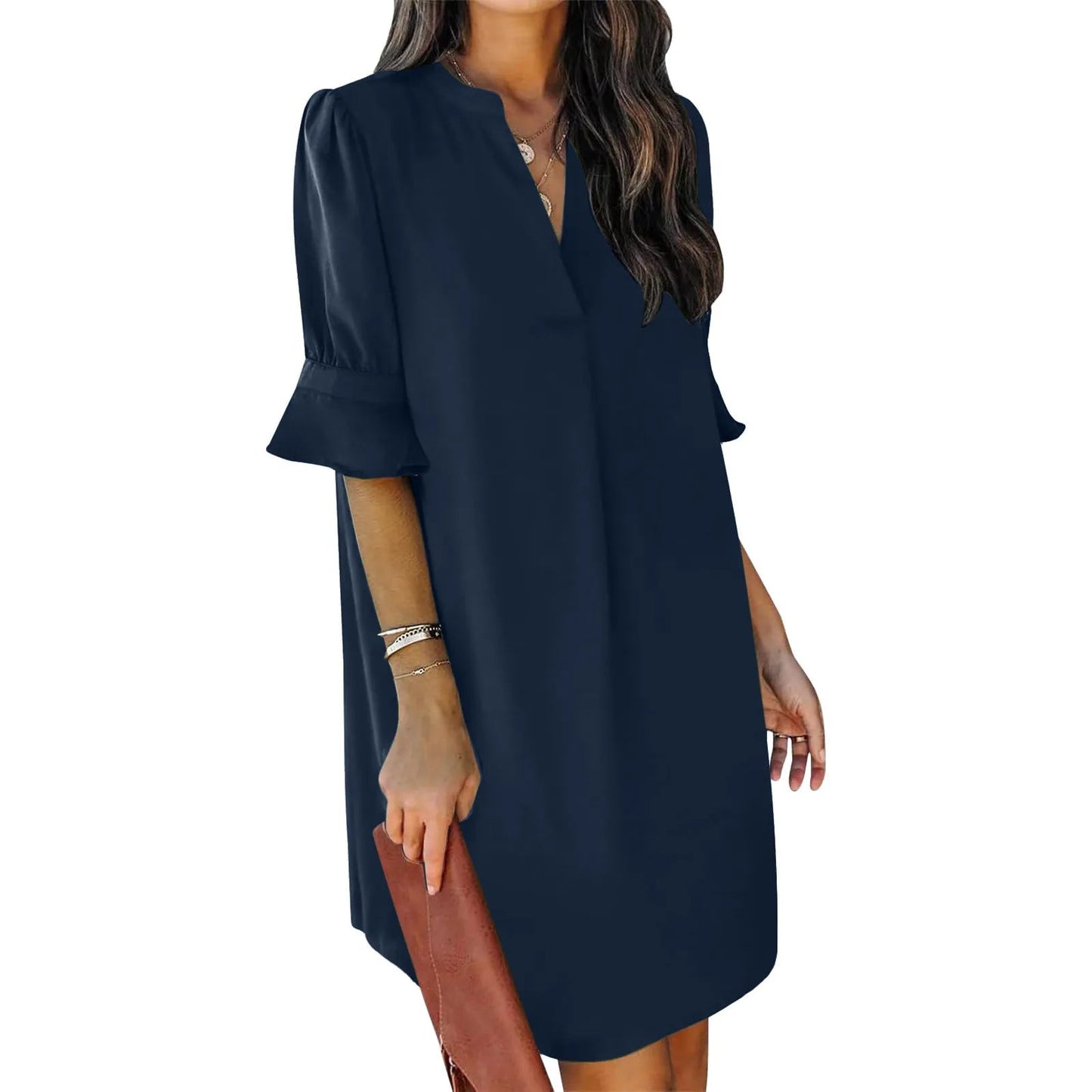 Solid Color Loose Fit V-Neck Pleated Short Sleeve Dress