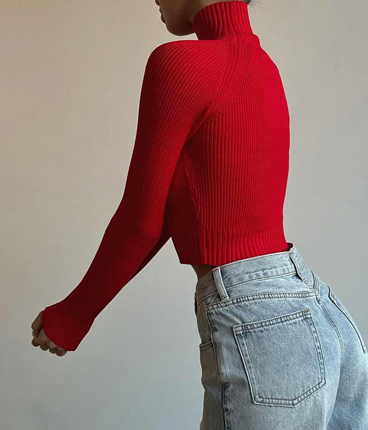 Ribbed Knit Cut-Out Turtleneck Top