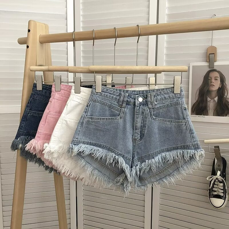 High-Waisted Tassel Hem Denim Shorts