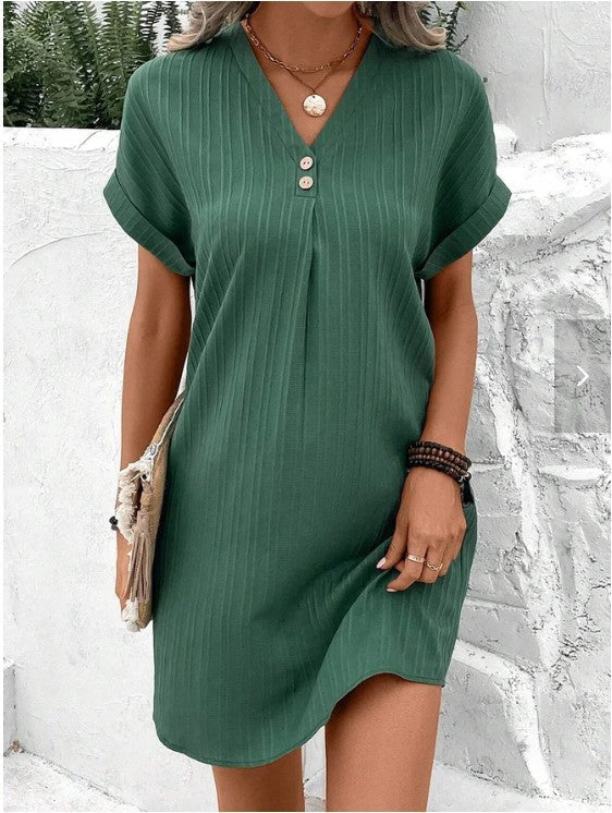 V-Neck Pullover Button-Up Dress