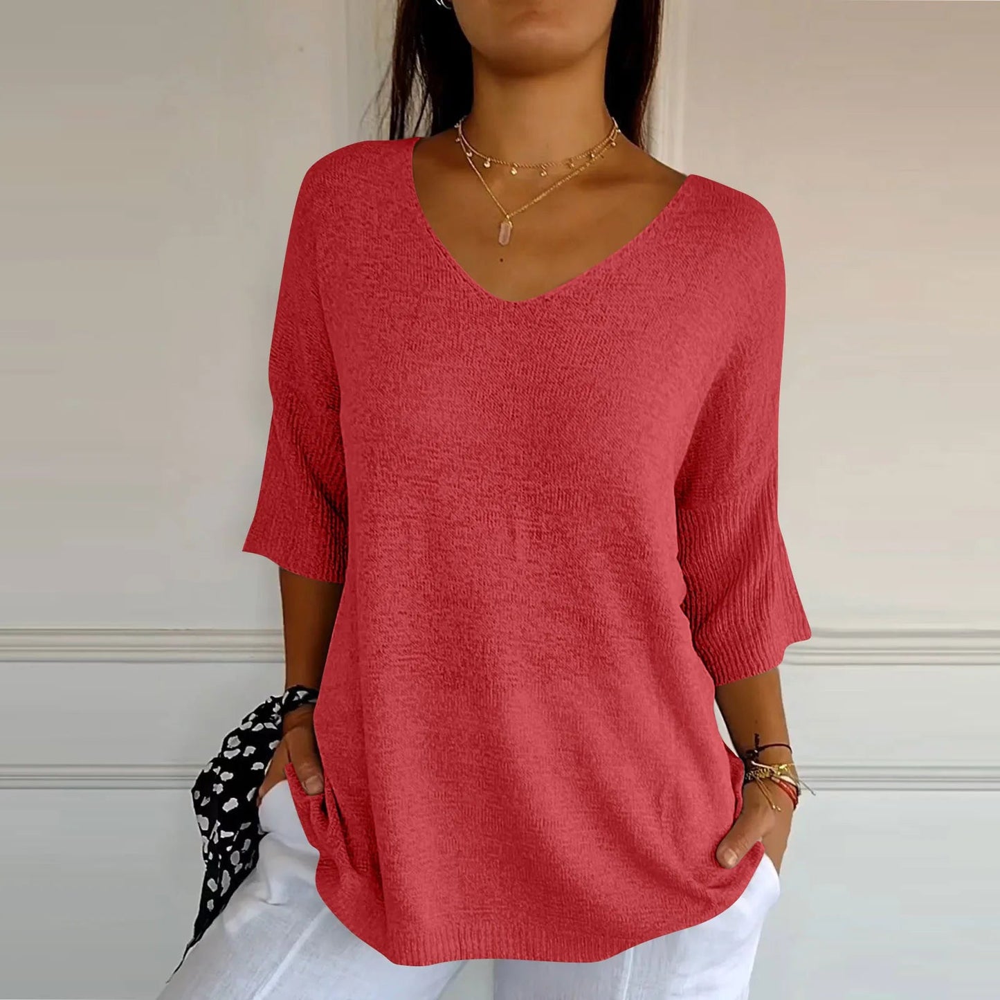 V-Neck Seven-Quarter Sleeve Knit Sweater