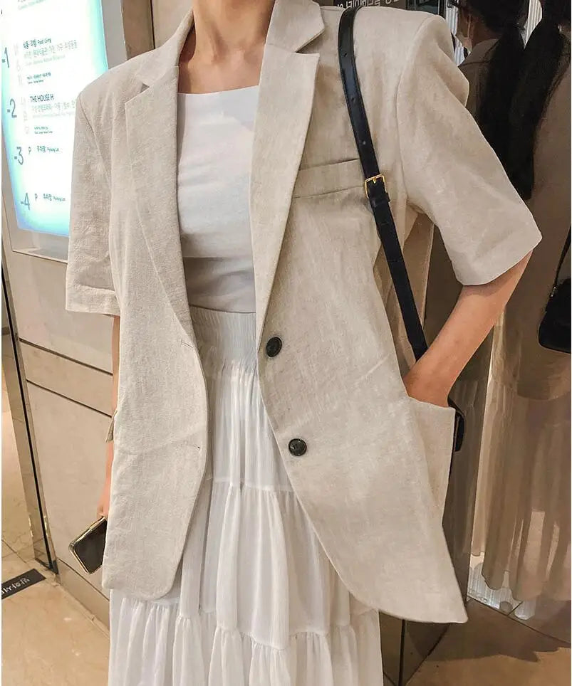 Vintage Short-Sleeve Cotton Linen Blazer