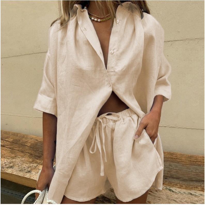 Short-Sleeve Shirt and Tie-Waist Shorts Two-Piece Set