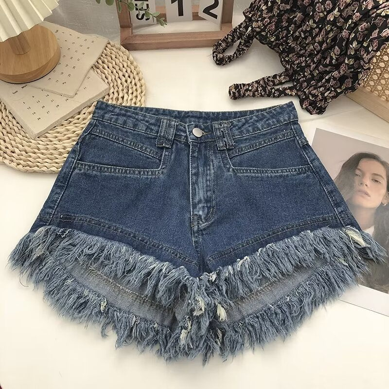 High-Waisted Tassel Hem Denim Shorts