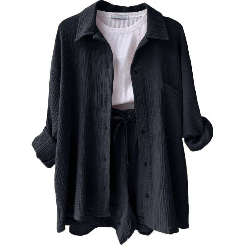 Crinkled Fabric Turn-Down Collar Shirt & High Waist Drawstring Shorts Set