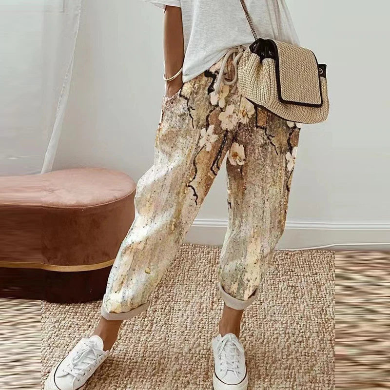 Cotton Linen Elastic Waist Casual Pants