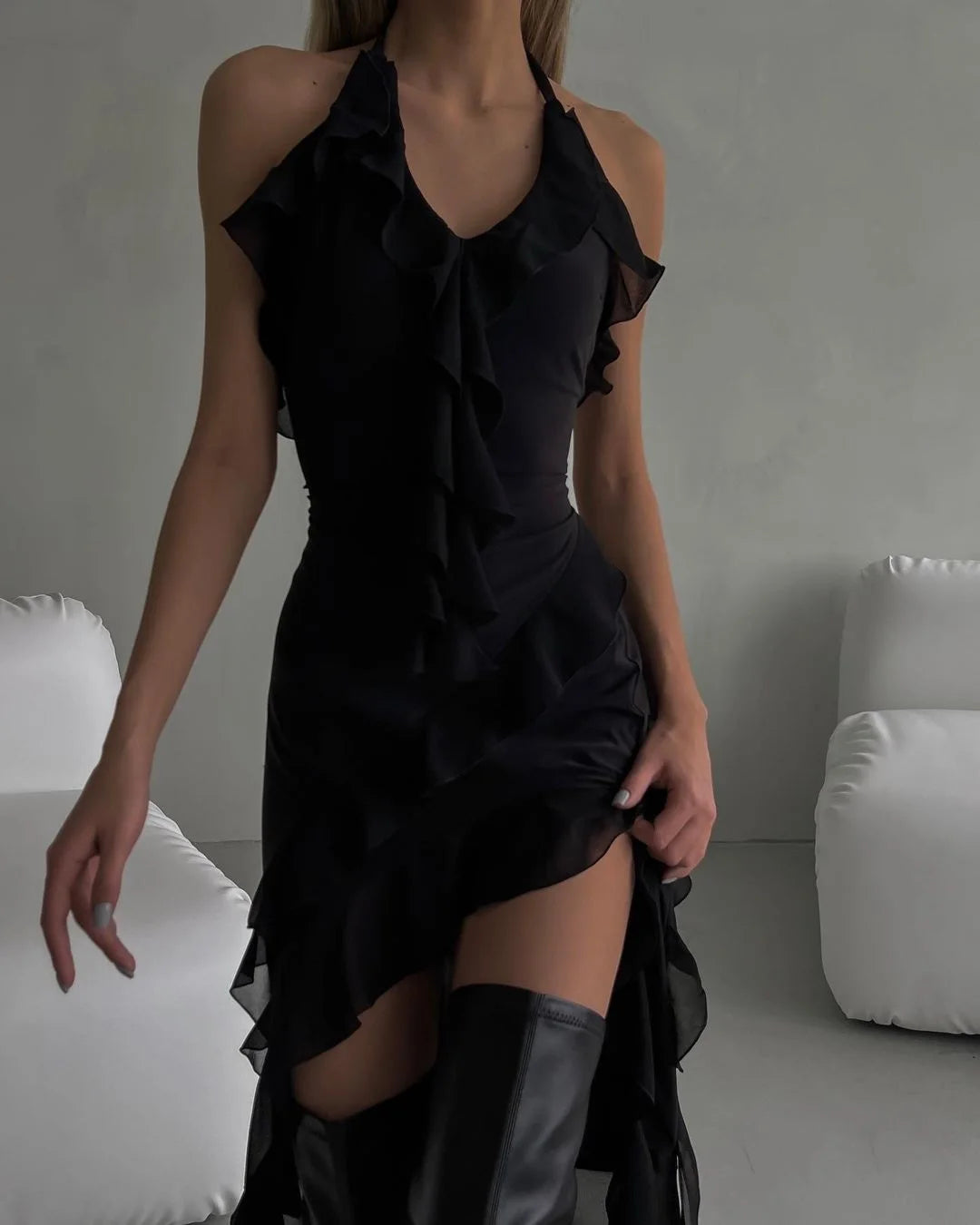 Ruffle Halter Backless Mini Dress