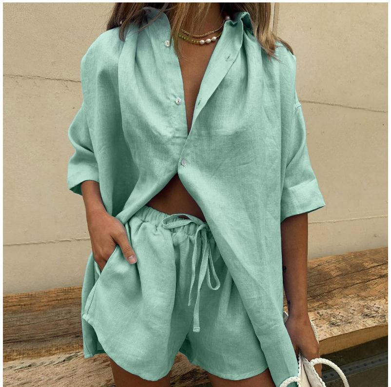 Short-Sleeve Shirt and Tie-Waist Shorts Two-Piece Set