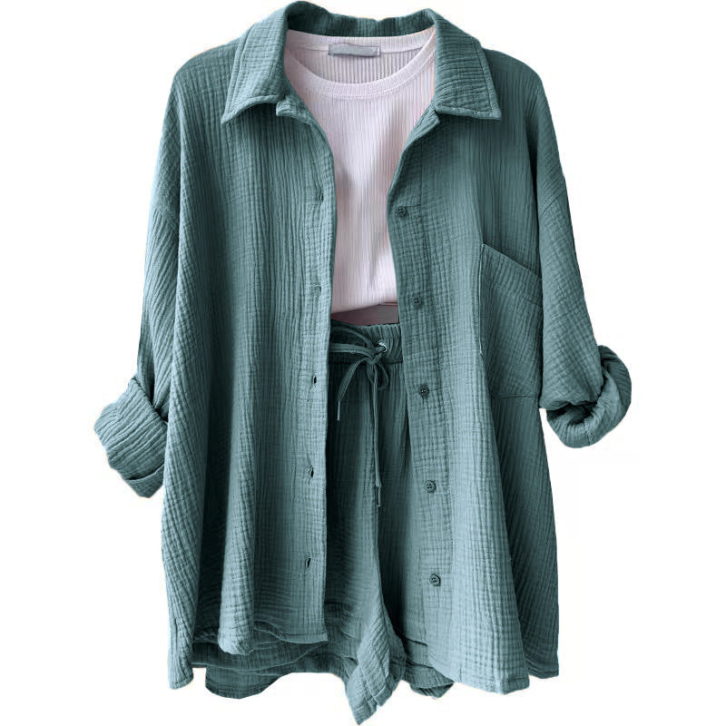 Crinkled Fabric Turn-Down Collar Shirt & High Waist Drawstring Shorts Set
