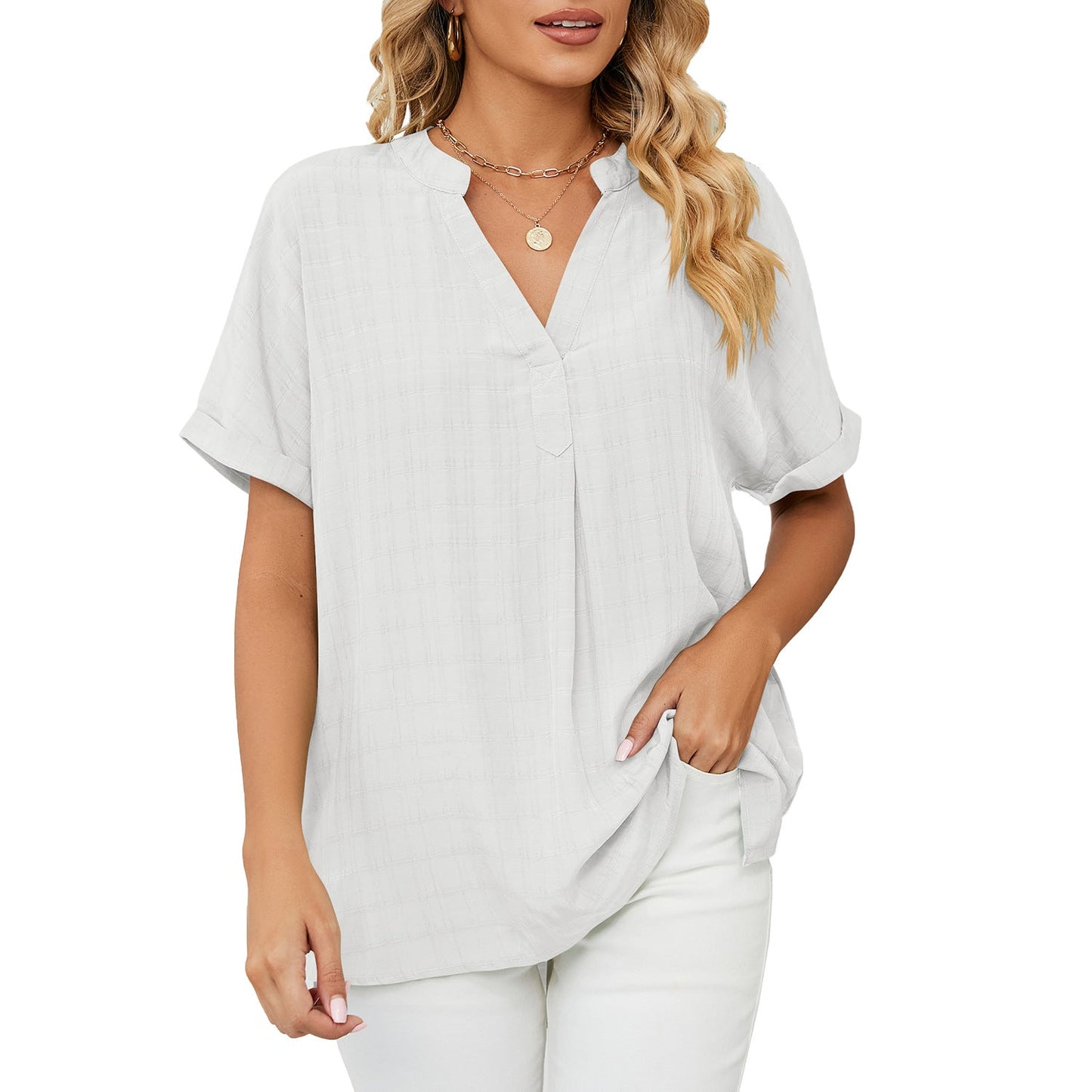 V-Neck Casual Loose Fit Pullover Shirt