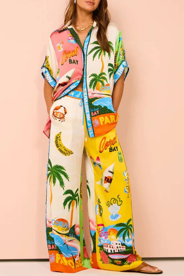 Graffiti Print Satin Two-Piece Set - Short Sleeve Shirt and Long Pants