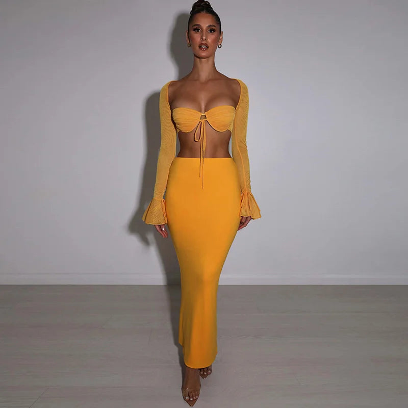 Square Neck Open Back T-Shirt and Midi Skirt Set