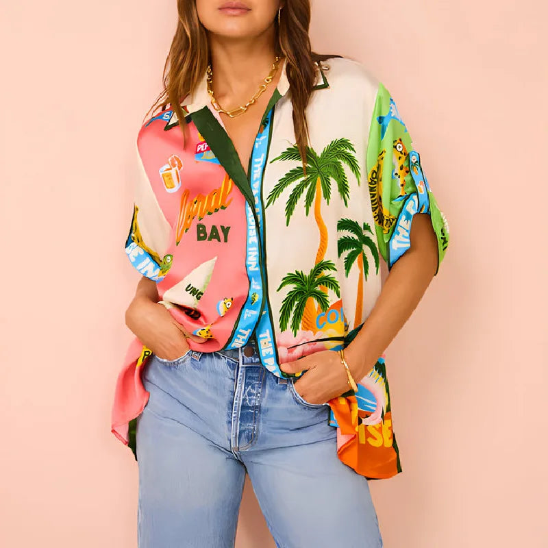 Graffiti Print Satin Two-Piece Set - Short Sleeve Shirt and Long Pants