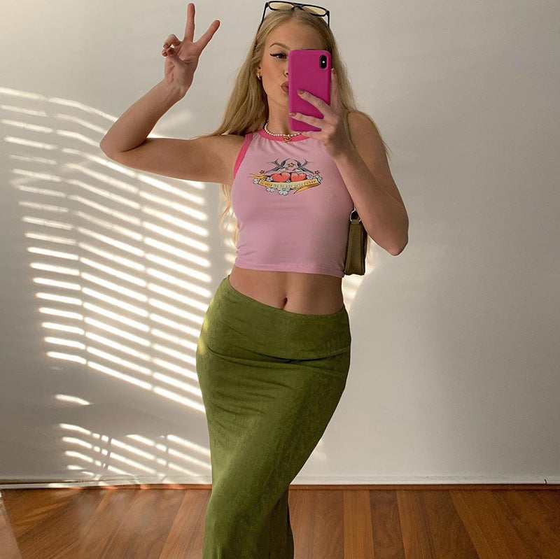 Elastic Solid Color Low Waist Maxi Skirt