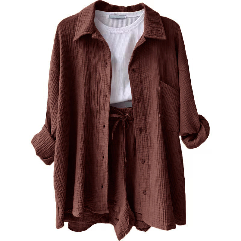 Crinkled Fabric Turn-Down Collar Shirt & High Waist Drawstring Shorts Set