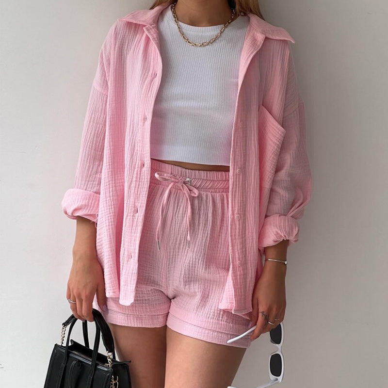 Crinkled Fabric Turn-Down Collar Shirt & High Waist Drawstring Shorts Set