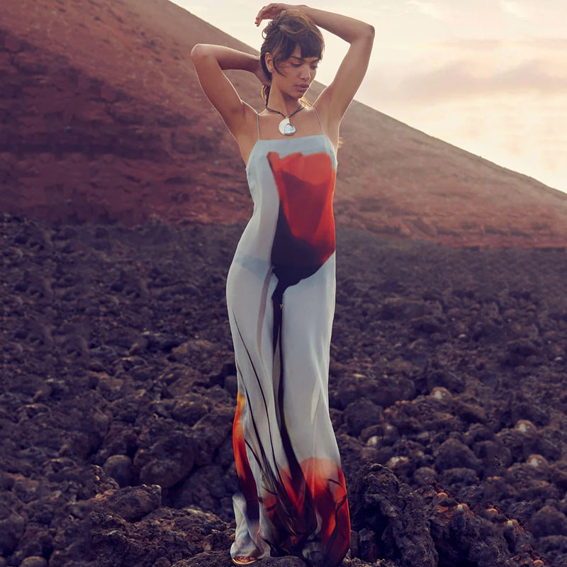 Printed Sheer Strap Camisole Dress
