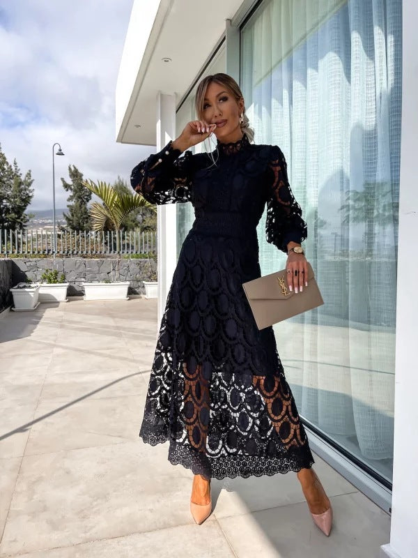 Lace Stand Collar Bubble Sleeve Dress