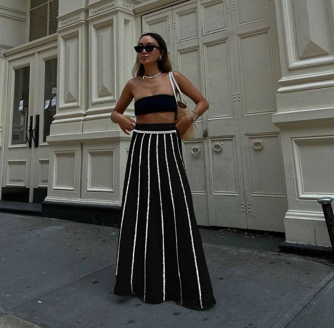 Elegant Striped Fringe Knitted Maxi Skirt