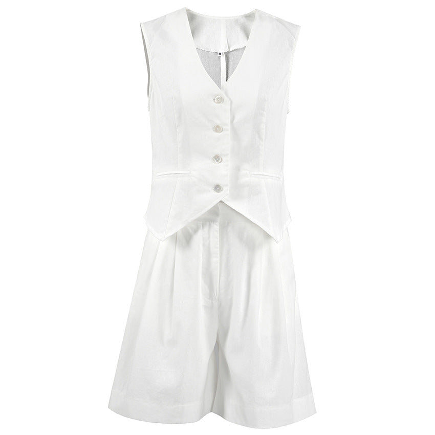 Cotton-Linen Suit Vest Casual Sleeveless Top and Shorts Two-Piece Set