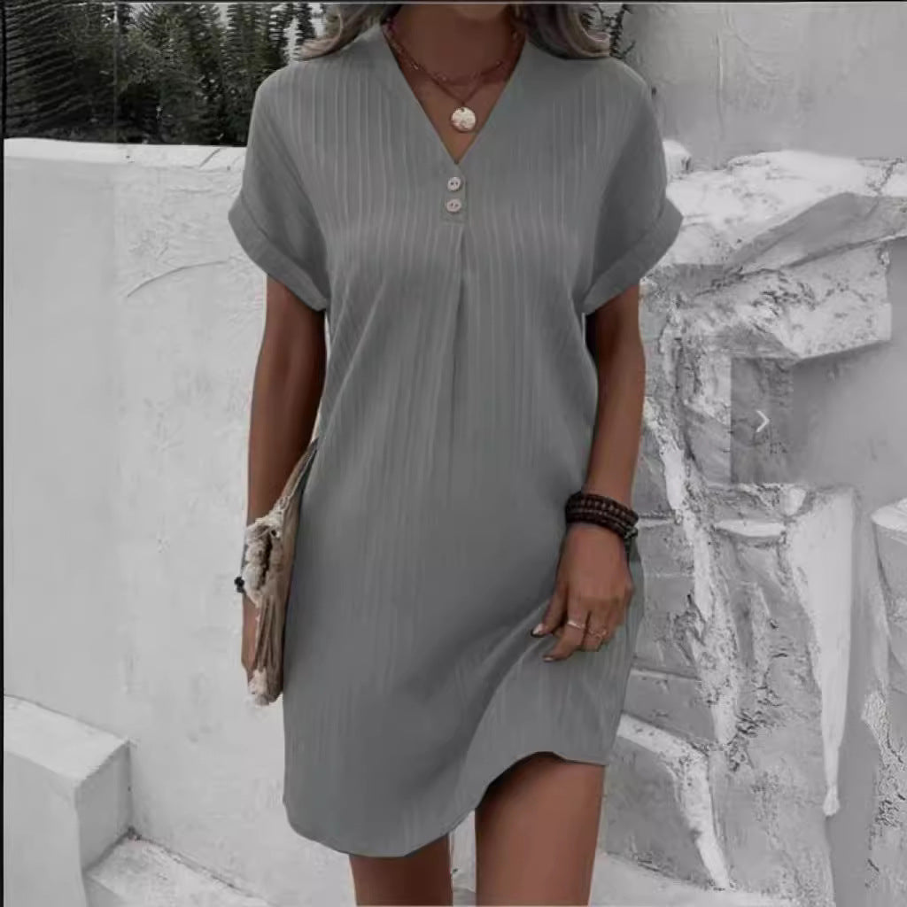 V-Neck Pullover Button-Up Dress