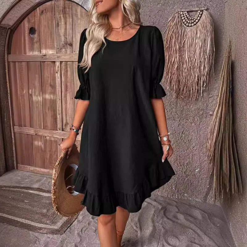 Vintage Linen Cotton Mid-Sleeve Swing Dress