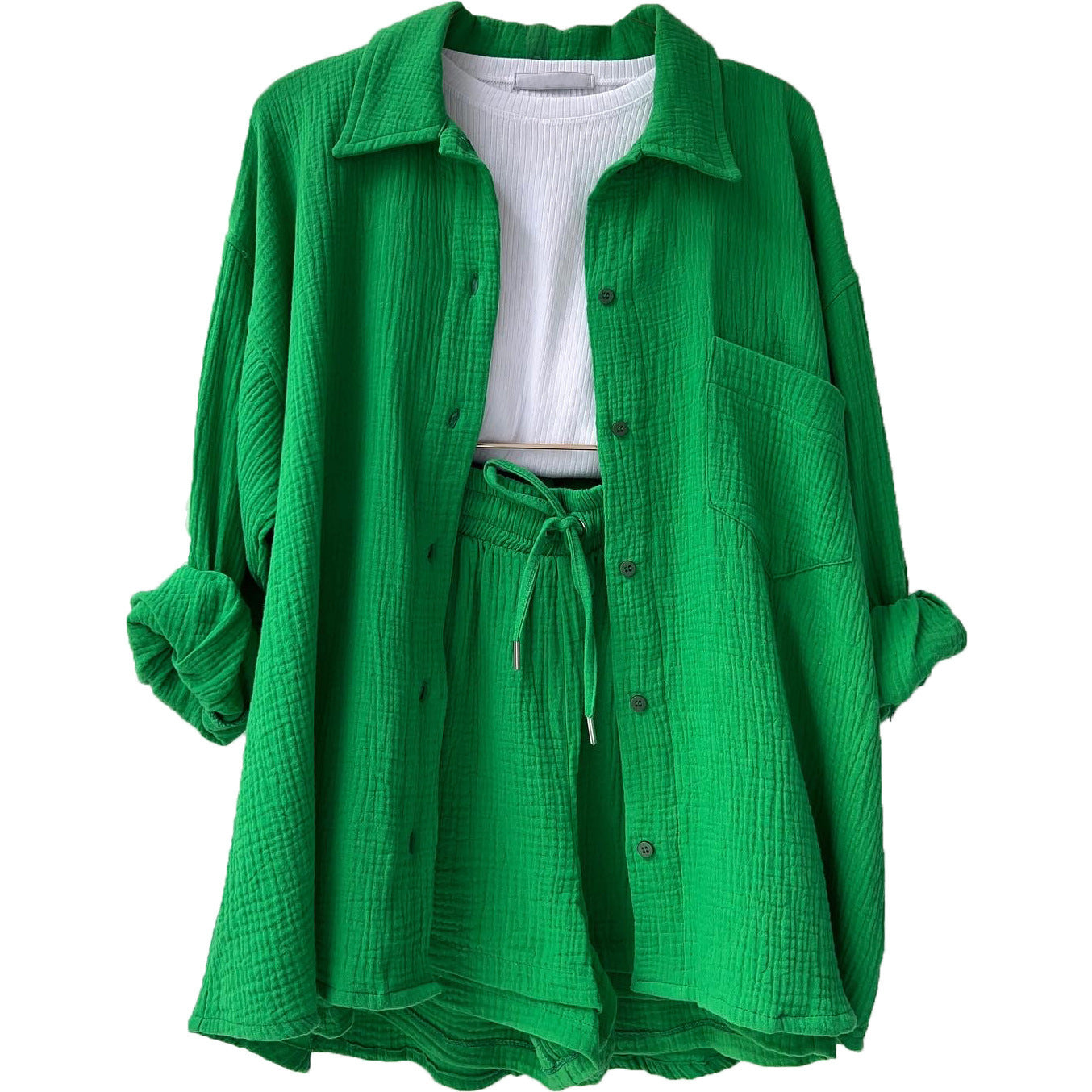 Crinkled Fabric Turn-Down Collar Shirt & High Waist Drawstring Shorts Set