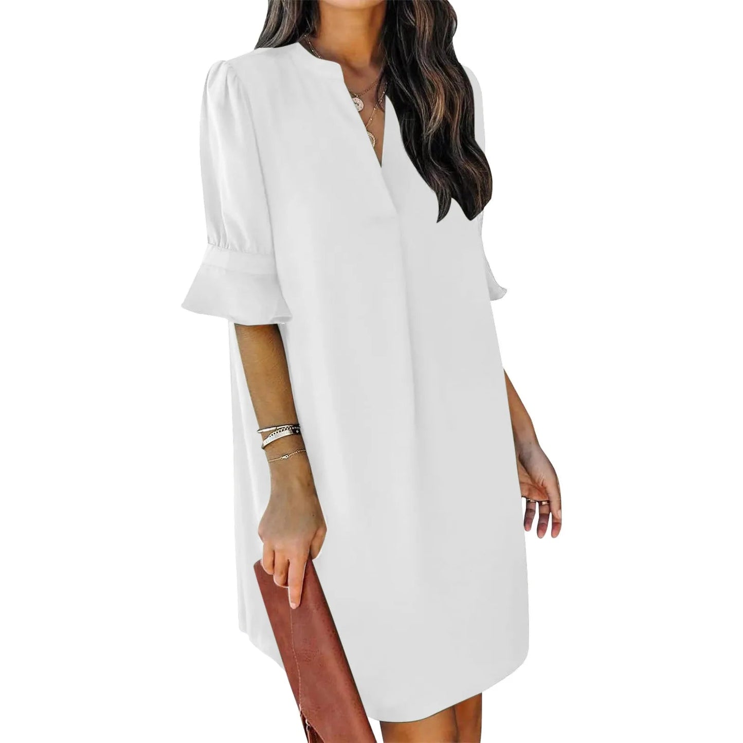 Solid Color Loose Fit V-Neck Pleated Short Sleeve Dress