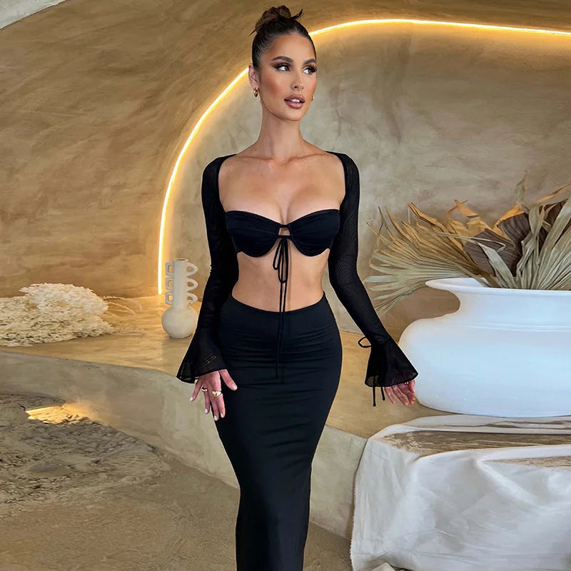 Square Neck Open Back T-Shirt and Midi Skirt Set